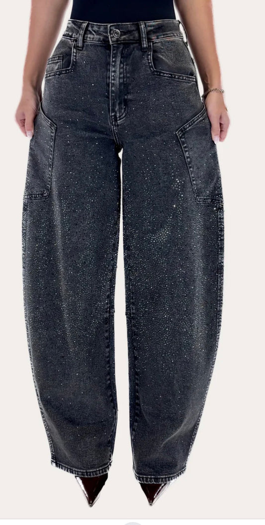 Glitter Sage Balloon Jeans - Black